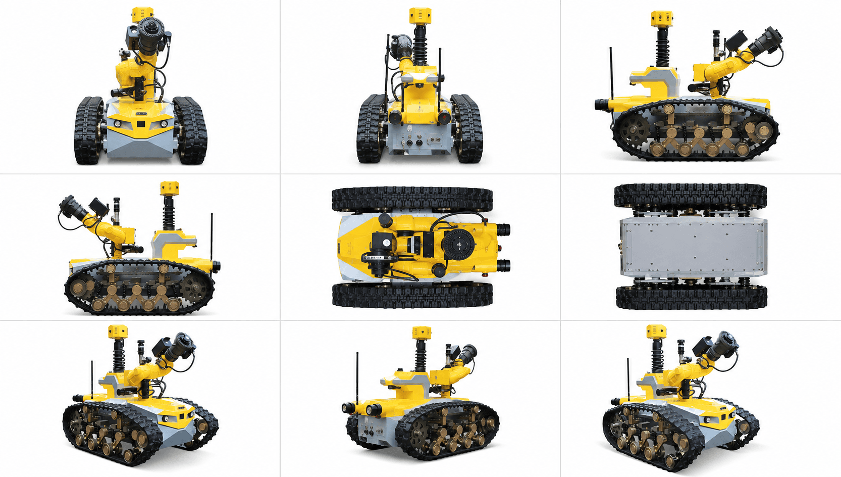 Multiple views of a tracked firefighting reconnaissance and suppression robot